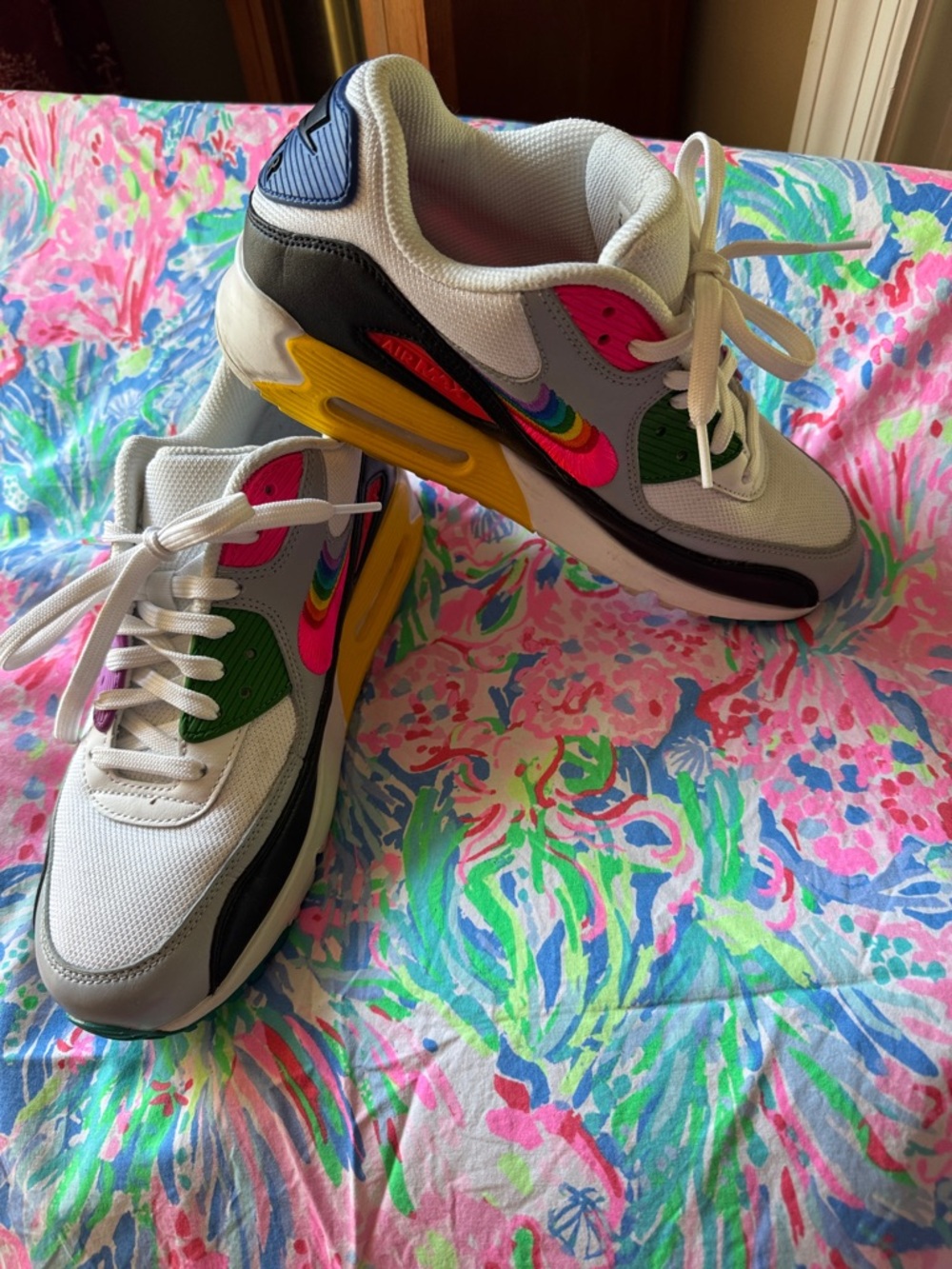 Nike White Sneakers with Pink, Green, Yellow & Blue Accents